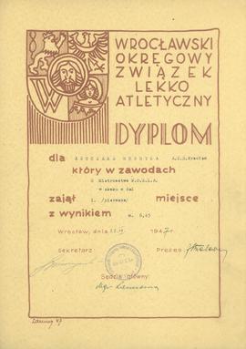 Dyplom dla Antczaka Henryka A.Z.S. Wrocław który w zawodach o mistrzostwo W.O.Z.L.A. w skoku w da...