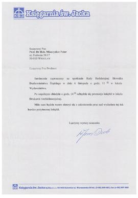 Zaproszenie na spotkanie Rady Redakcyjnej Słownika Duchowieństwa Śląskiego