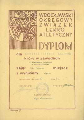 Dyplom dla Antczaka Henryka A.Z.S. Wrocław który w zawodach o Mistrzostwo W.O.Z.L.A. w rzucie osz...