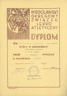 Dyplom dla Antczaka Henryka A.Z.S. Wrocław który w zawodach o Mistrzostwo W.O.Z.L.A. w rzucie dys...