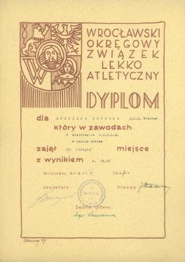 Dyplom dla Antczaka Henryka A.Z.S. Wrocław który w zawodach o Mistrzostwo W.O.Z.L.A w rzucie młot...
