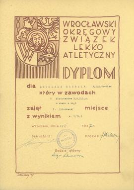 Dyplom dla Antczaka Henryka A.Z.S. Wrocław który w zawodach o Mistrzostwo W.O.Z.L.A. w skoku w zw...
